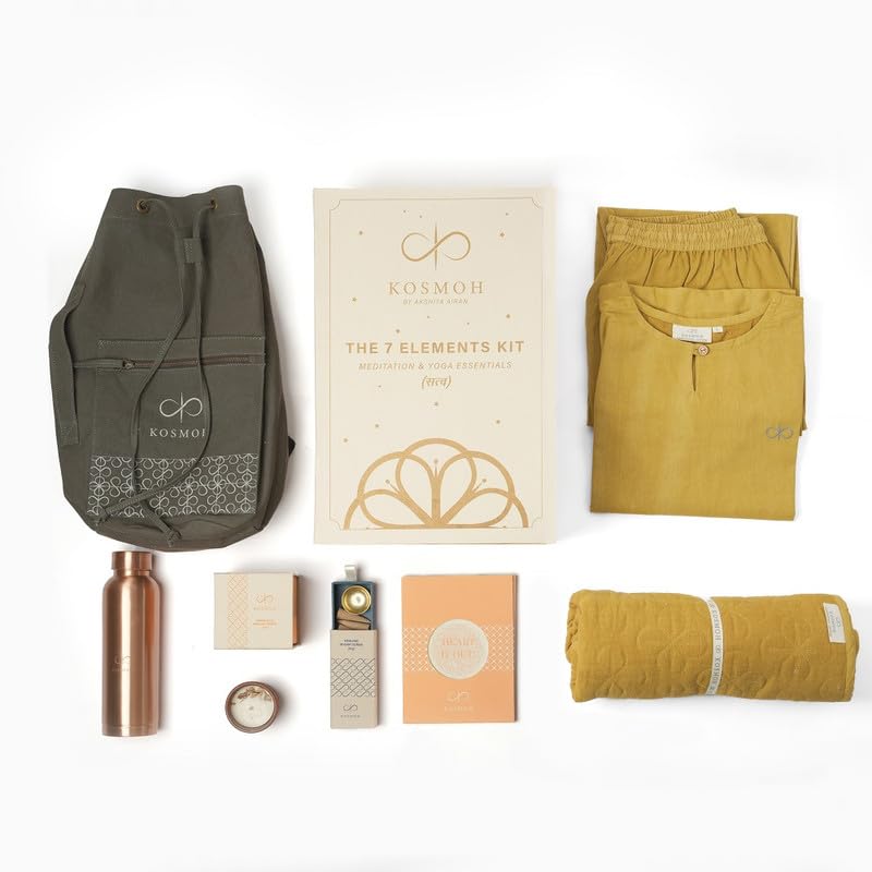 Female Yoga Kit - Meditation & Yoga Essentials Gift Box | Organic & Natural Yoga Wear, Yoga Mat, Yoga Slingbag, Meditation Journal, Dhoop Cones, Candles & Copper Bottle - Yellow-S