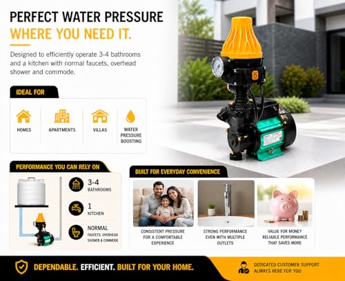 Image of V Guard 1 hp Automatic Pressure Booster Pumps with Torque Boost Technology, for Household (Upto 3-4 Bathrooms), 1 Year ON-SITE Warranty