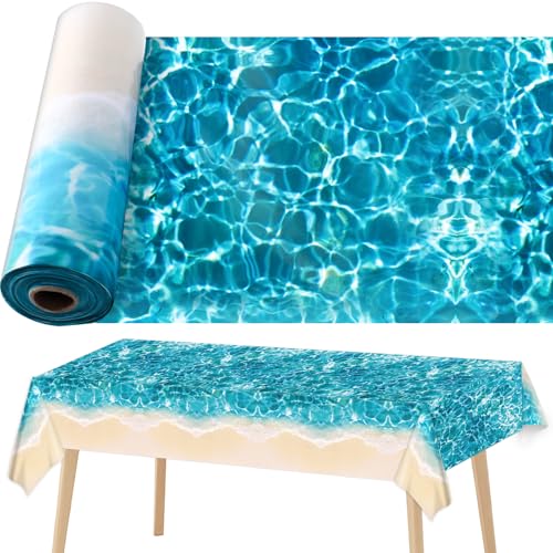 party greeting Under The Ocean Tablecloth Roll 100FT x 51 Inch Disposable Summer Beach Ocean Wave Plastic Table Covers Water Print Wall Backdrop for Summer Beach Pool Birthday Party Decoration