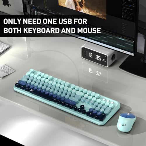 Image of Keyboard and Mouse Wireless,2.4Ghz Retro Typewriter Style Round Keycap,Full Size Wireless Keyboard Mouse Combo,Cute Cordless Keyboard Mouse Set for PC Laptop Desktop Computer-Blue Black Colorful
