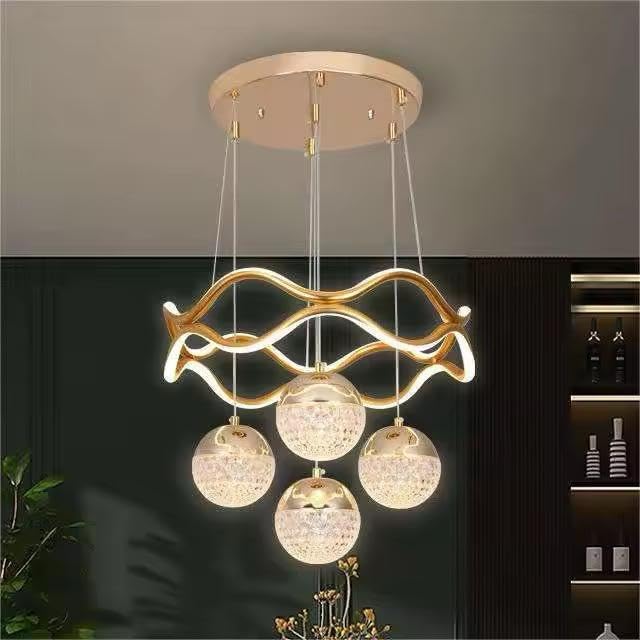 blissbells Luxury LED Pendant Chandelier with Crystal Globe Shades | Modern Decorative Hanging Ceiling Light | Warm White Ambient Lighting | Premium Gold Finish | Ideal for Dining Room, Living Room
