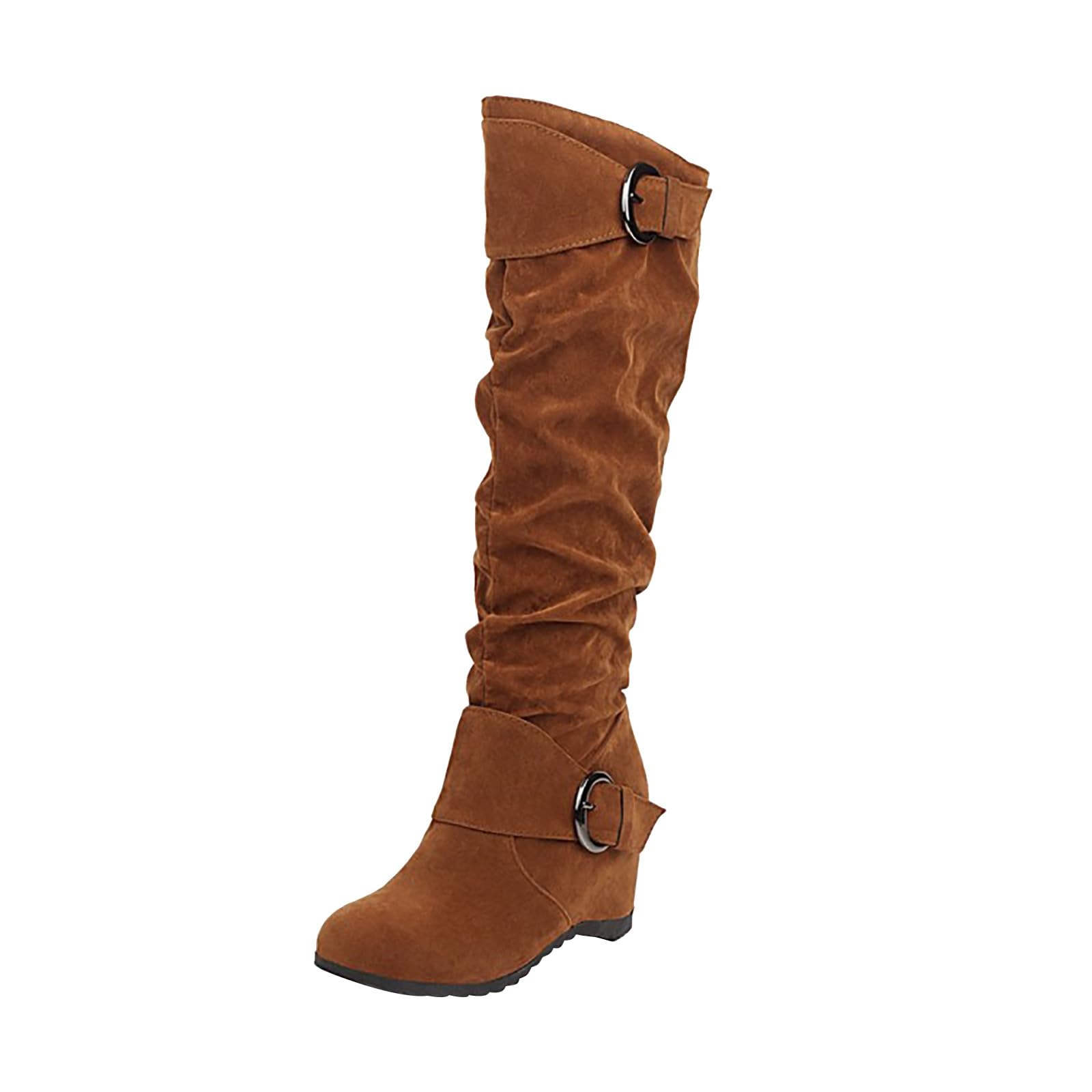 Womens Wedge Heel Knee High Boots High Heel Winter Boots Comfortable Pull on Slouch Buckle Riding Boots