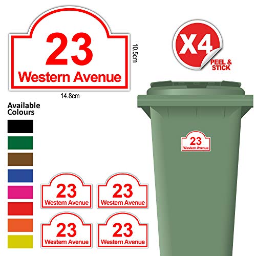 Pack of 4 Personalised Printed Wheelie Bin Number Stickers with House Number And Street Name Arch Style A6 Size Red