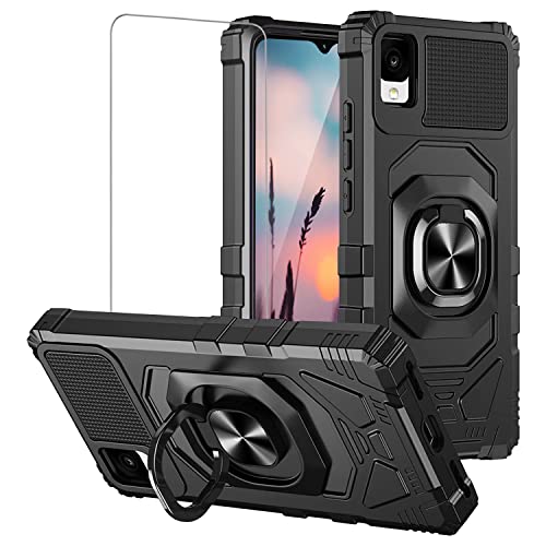 Tjs For Alcatel Tcl 30 Z T602Dl Case, Tcl 30 Le Case, With Tempered Glass Screen Protector, Defender Metal Ring Magnetic Support Kickstand Heavy Duty Phone Case For Tcl 30Z / Tcl 30Le (Black) #TOP9