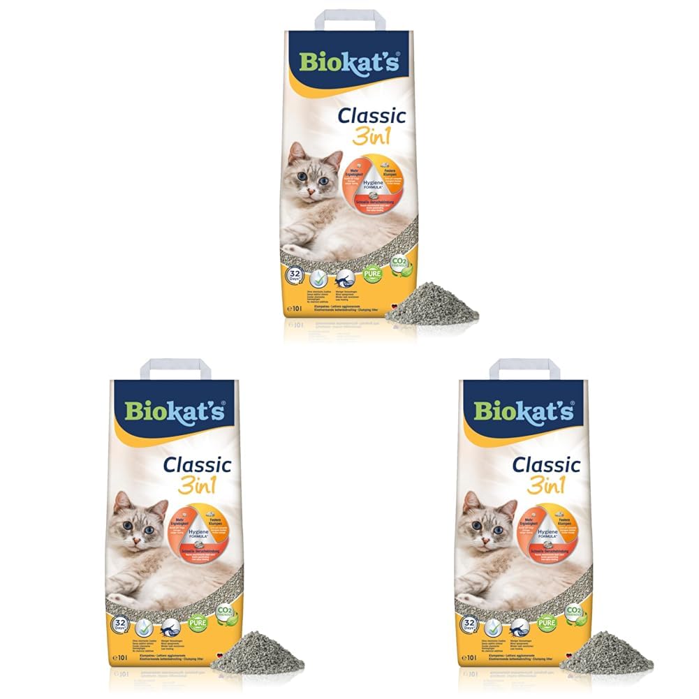 Biokat's Classic 3in1 sin Fragancia - Arena aglomerante para Gatos con 3 tamaños Diferentes de Grano - 1 Saco (1 x 10 l) (Paquete de 3)
