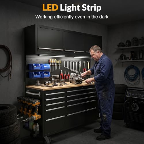 72-Rolling-Tool-Chest-Garage-Cabinets-Workbench-with-10-Storage-Drawers-and-Wheels-3-Upper-Cabinet-Pegboard-Light-Strip-Steel-Large-Tool-Box