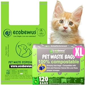 100% Compostable XL Pet Waste Bag (120 Bags) Plant-Based Biodegradable Cat Litter Poop Bags Doggy Poop Bags with Handles Compost Bags US BPI ASTM D6400 & OK Compost Home Certified (120 ct)