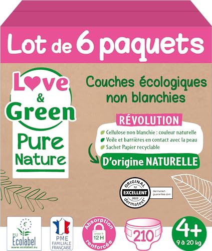Love & Green Pure Nature Öko-Windeln, ungebleicht, T4+ x 35 (9-20 kg), 210 Stück