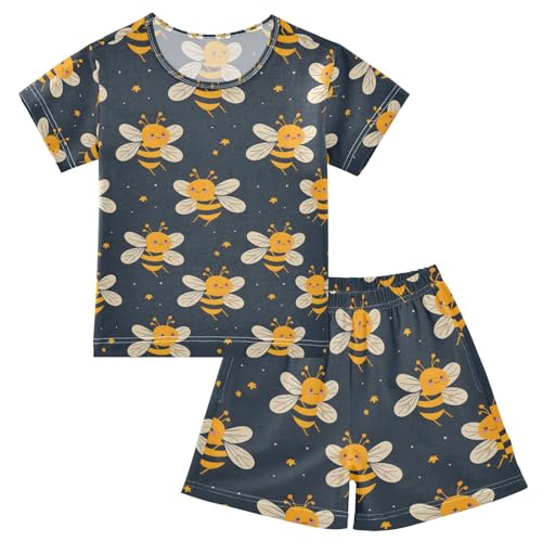 ALAZA Honey Bee Star Pajamas Set Short Sleeve Cotton Sleepwear Summer Pjs 2 Piece 5-14Y