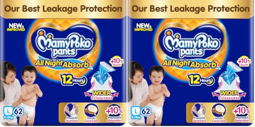 Image of New Mamypoko Pants Premium All Night Absorb| Pant Style Baby Diapers Large Size(L), 62 Count, Ideal for 9-14Kgs|1 Diaper: Upto All Night Absorption now with 10% increased power|Wider Crisscross Sheet|Gentle Coco Care| 12hr Leakage Protection| Prevents Heaviness.