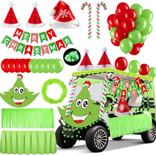 Soulchen 73 Pcs Green Christmas Golf Cart Decorations Elf Xmas Themed Decor Kit Red Green Balloons Foil Tinsel Elf Backdrops Curtain Light String for Christmas Golf Cart Party Supplies Decor