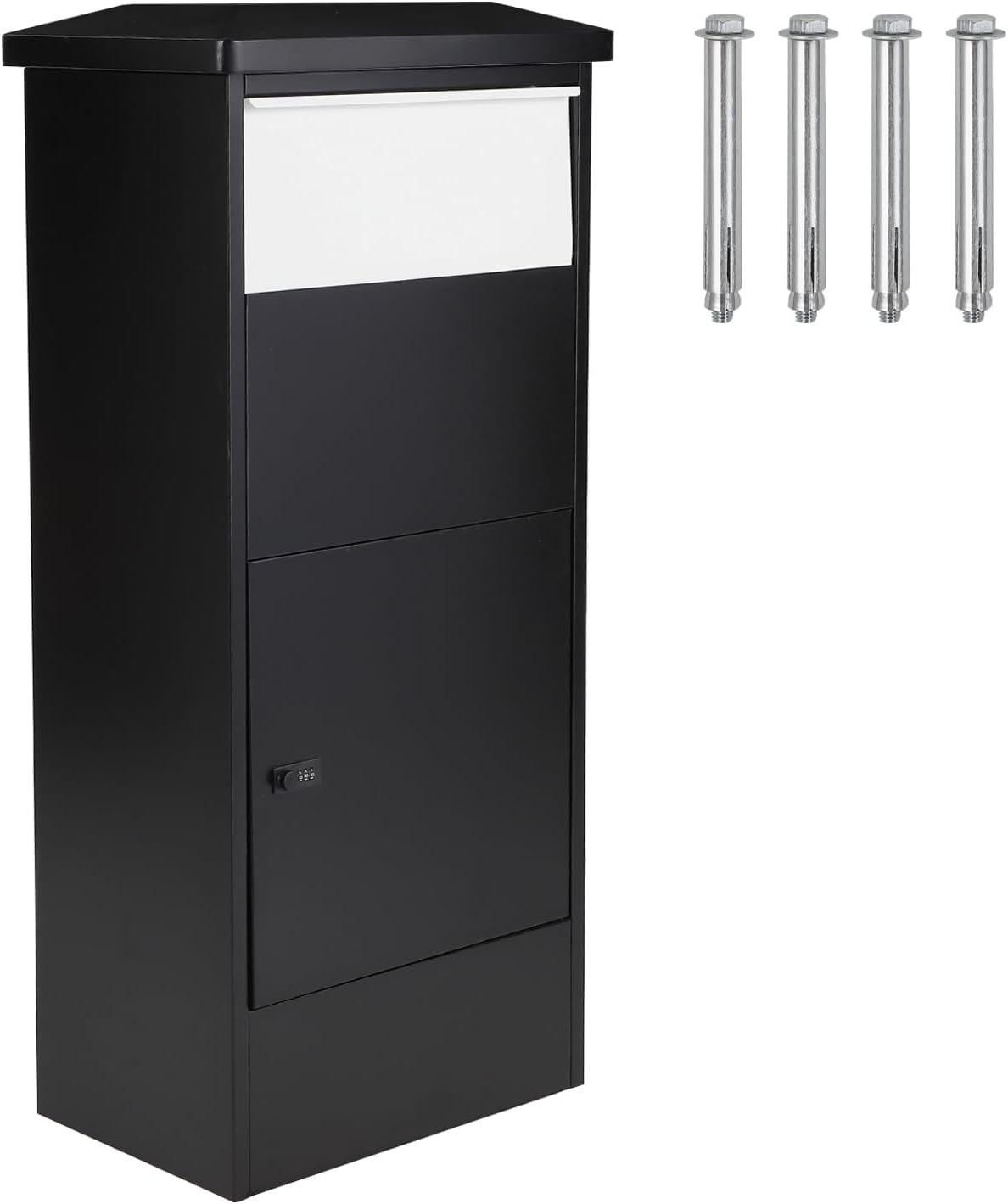 Black Freestanding Floor Mailbox with Lock, Galvanized Steel Parcel Drop Box, Anti-Theft, Wind and Rain Resistant, Large Outdoor Package Delivery Box, 14"x 11.2"x 41.5"