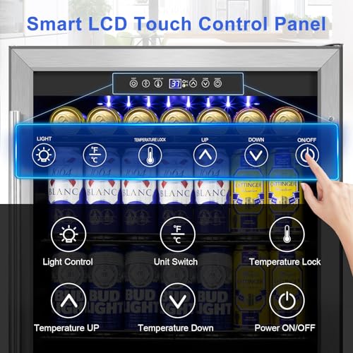 Image of Beverage Refrigerator 24 inch-200 Can Drink Fridge with Glass Door, Under Counter /Freestanding Beverage Cooler with Temperature Memory, Reversible Door, Quick Cooling, Cooler for Beer, Soda, Wine