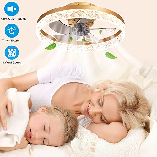 Leniver 20" Ceiling Fan With Lights Remote Control, Flush Mount Bladeless Ceiling Fan, 3 Color 6 Speeds Low Profile Enclosed Modern Ceiling Fan For Bedroom Living Room Kitchen And Office - Gold #TOP6