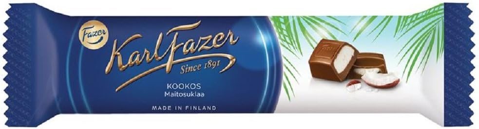 5 Bars x 38g of Karl Fazer Kookos - Original Finnish Milk Chocolate with Coconut Filling