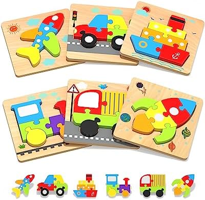 Yetonamr Wooden Toddler Puzzles Gifts Toys for 1 2 3 Years Old Boys Girls, 6 Vehicle Shape Jigsaw Montessori Educational Developmental Kids Toys Gift Baby Learning Travel Toy Age 1-3
