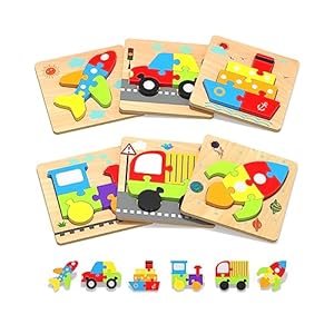 Wooden Toddler Puzzles Gifts Toys for 1 2 3 Years Old Boys Girls, 6 Vehicle Shape Montessori Toys Educational Blocks Kids Toys Gift Baby Learning Toy Age 1-3, 2-4