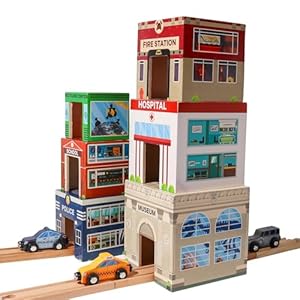 6 Wooden Stacking City Buildings – Nesting Community Helpers Building Boxes – Wood Sorting Cubes Town Play Set for Mats, Toy Cars and Trains – Educational Preschool Track Accessories Learning Toddler