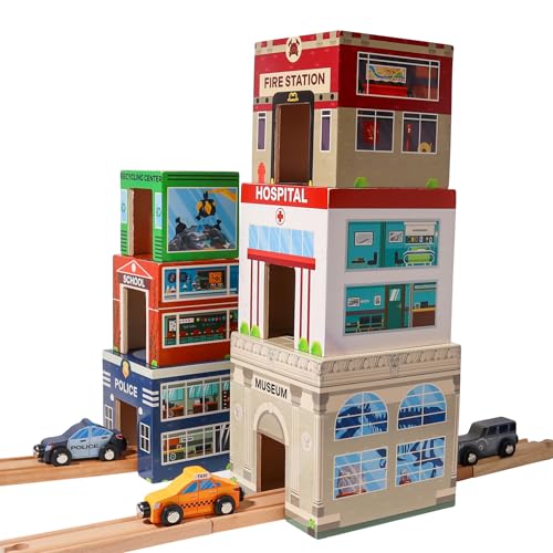 6 Wooden Stacking City Buildings – Nesting Community Helpers Building Boxes – Wood Sorting Cubes Town Play Set for Mats, Toy Cars and Trains – Educational Preschool Track Accessories Learning Toddler