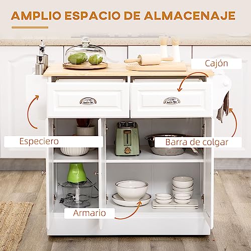 Miniatura 3 de Homcom Isla De Cocina Carro De Cocina Con Ruedas Carro Multiusos Con 2 Cajones 3 Puertas Toallero Y Estante Para Especias Para Comedor 110x45x91 Cm Blanco