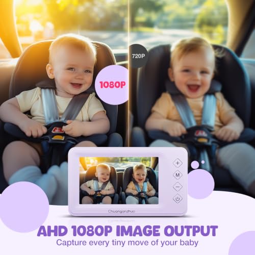 Image of Baby Car Camera with Advanced Crystal-Clear Night Vision, 3X Zoom, USB Powered, 5'' AHD 1080P IPS Car Baby Monitor, Backseat Camera for Kids Infants Rear Facing Mirror, 5inch, Purple