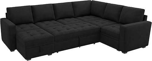 Miniatura 7 de HONBAY Sofá cama modular modular con cama extraíble, sofá convertible en forma de L de terciopelo con asiento de almacenamiento, sofás seccionales