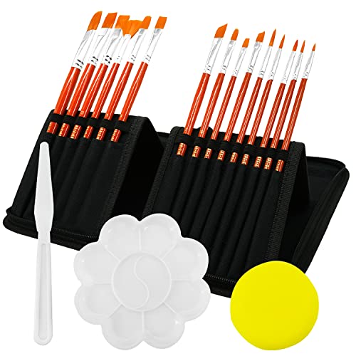 AUREUO Acrylic Paint Brush Set - 15 Nylon Painting Brushes, Paint Knife, Sponge & Palette with Pop-up Carrying Case