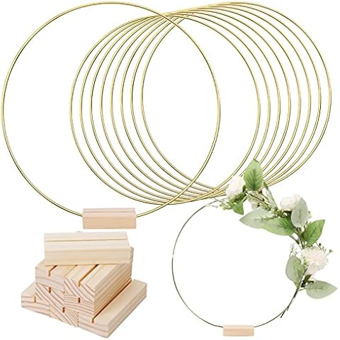Sntieecr 10 Stück 25cm Gold Metallring Makramee Ringe mit 10 Holzständer für Traumfänger, Hochzeits-Tischschmuck und Kranz Hochzeit Dekorationen und DIY Weihnachten Handwerk Cover