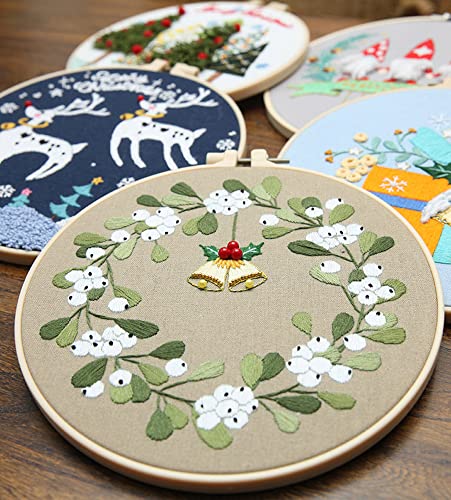 Image of Christmas Desktop Wall Decorations Hand Embroidery DIY Beginner Mistletoe Pattern Material Kit with Tutorial, Embroidery Thread, Professional Embroidery Needle and 7.9 inch Bamboo Embroidery Bandage