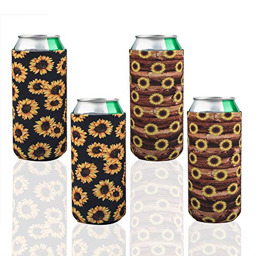 YuCool - Juego de 4 enfriadores de latas de cerveza delgados de neopreno, soportes plegables para latas de cerveza de 12 onzas (girasol)