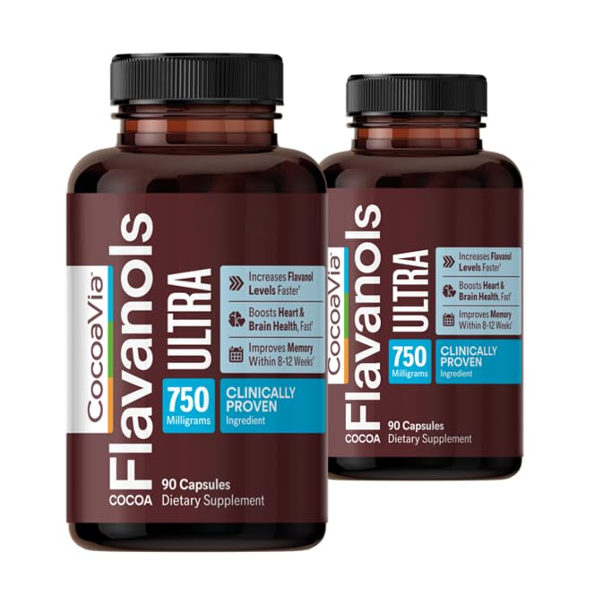 CocoaVia Ultra 750mg Cocoa Flavanols – Heart & Brain Support, Memory & Blood Circulation Booster, High Flavanol Cocoa for Nitric Oxide, Energy & Oxygen Boost, Vegan, Gluten-Free, 60-Day Supply