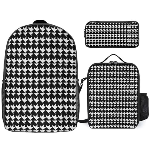 3 Piece Backpack for Women Men Lightweight Causal Daypack Shoulder Bag Set with Insulated Lunch Bag And Pencil Case Organizers Houndstooth Black