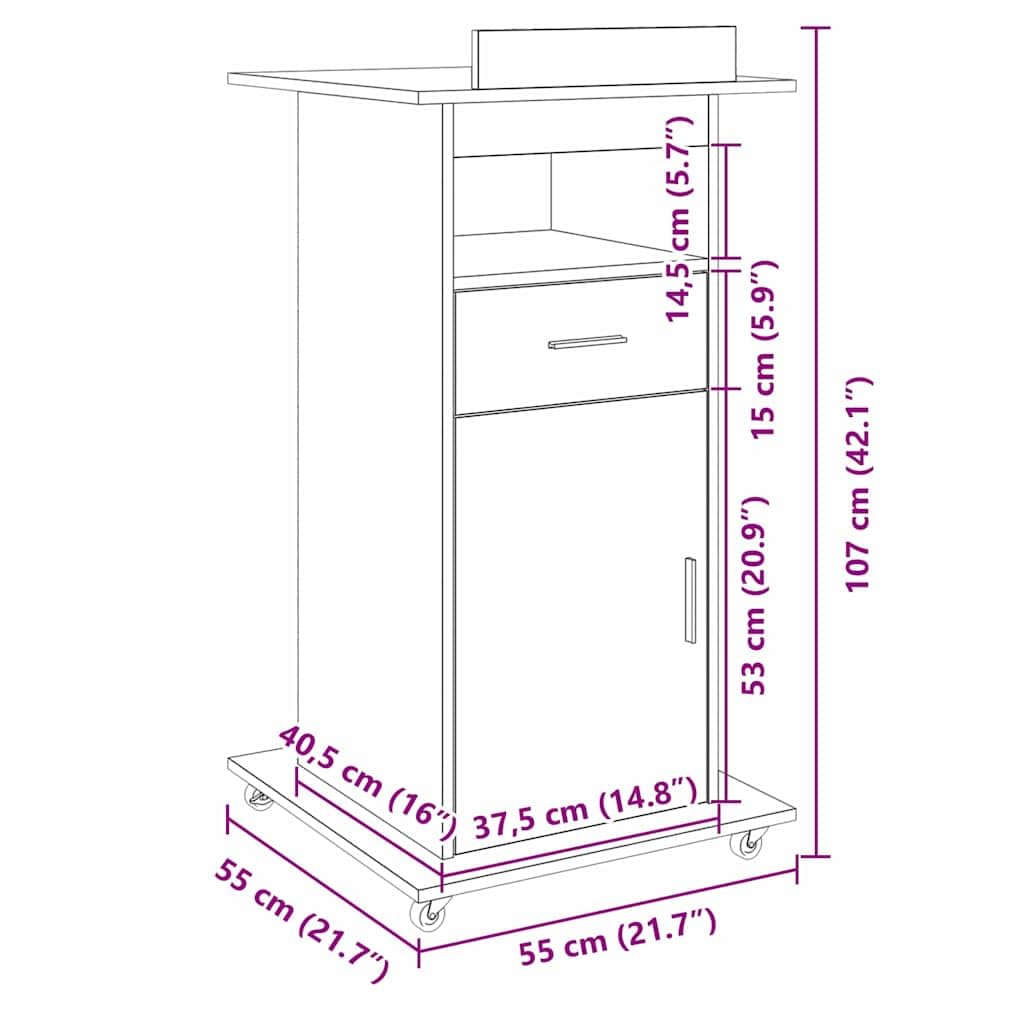 Podium mit Regal Artisan-Eiche 55 x 55 x 107 cm Holzwerkstoff mit Schublade und Tür, Bürotisch Arbeitsplatz mit Ablagefach und Rollen, ideal für Homeoffice und Büroorganisation