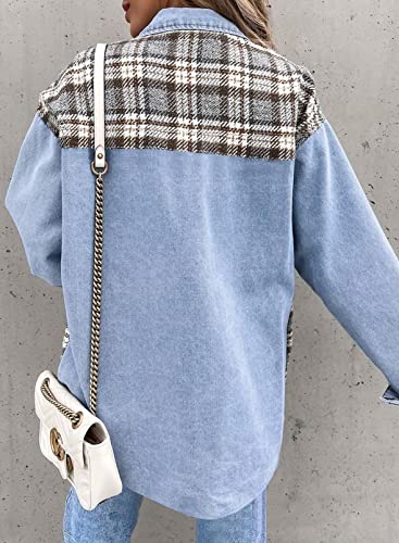 Btfbm 2023 Women's Button Down Denim Jackets Long Sleeve Lapel Casual Fall Shirts Shackets Plaid Jacket With Pockets(Denim Light Blue, Large) #TOP3