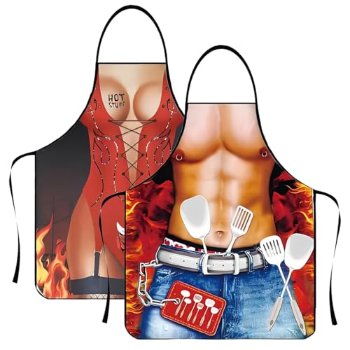 OIXEYA 2 Peças avental de cozinha divertido para casais, design sexy e masculino com tema churrasco Halloween Ação de Graças Natal Ano Novo presentes