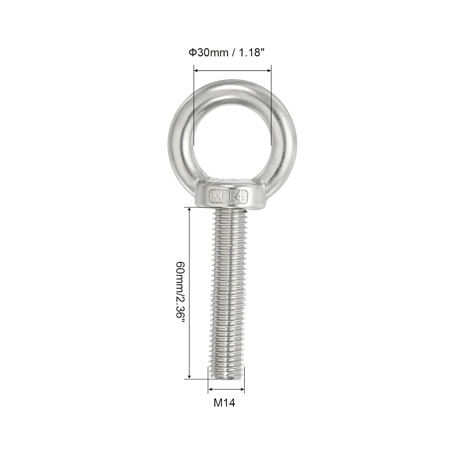 PATIKIL M14 x 60mm Lifting Shoulder Eye Bolt, 2Pcs 304 Stainless Steel Lifting Ring Threaded Eyebolt with Nuts Washers for Hanging Hammocks Articles