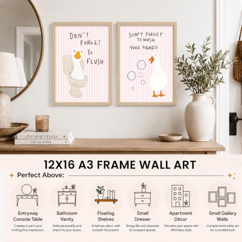 Image of PAINTINGMANTRA Funny Duck Bathroom Wall Art Painting For Living Room, Cute Aesthetic Duck Framed Painting for Bathroom, Restroom & Washroom Decor, 12x16 Inch