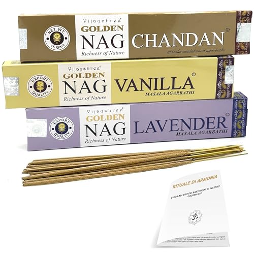 Mamami - Golden Nag Incensi - Set 3 Confezioni x 15 gr - Lavanda - Vanilla - Chandan - Incenso Bastoncini Naturali - Per Meditazione, Yoga, Rilassamento - Con manuale esclusivo Mamami™