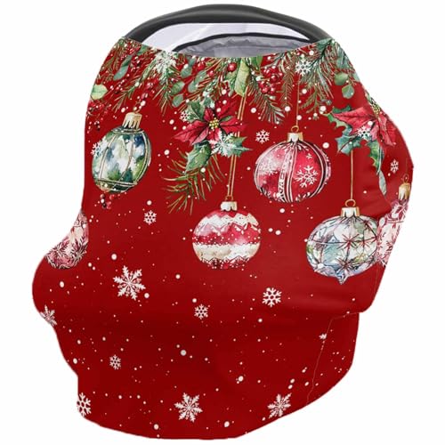 Nursing Cover for Breastfeeding Scarf, Red Vintage Christmas Ornaments Ball Poinsettia Leaves Baby Car Covers Super Soft Multi Use for Canopy Shopping Cart Cover Blanket Stroller Cover