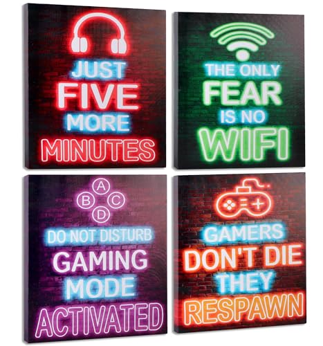 VividPulse Neon Game Room Poster Set, 4Pcs Arcade Wall Art Prints