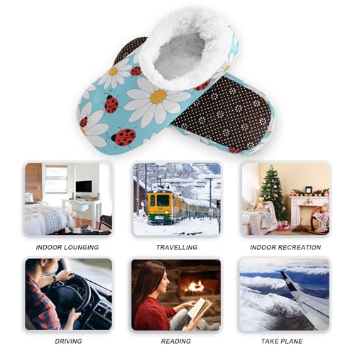 OTVEE Unisex Slipper Daisy and Ladybugs Coral Fleece House Slipper Anti-Skid Indoor Socks House Shoes for Men and Women-XL3