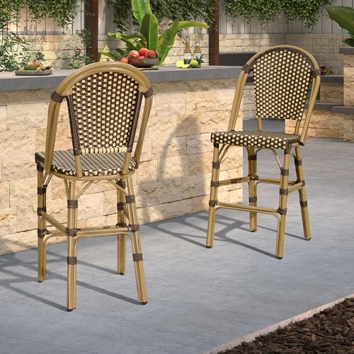 Image of PURPLE LEAF French Counter Height Bar Stool Set of 2 25 inch Bamboo Print Finish Patio Bar Chairs with Back Rattan Bar Chairs French Bistro Set for Kitchen Outdoor Counter Stool Brown