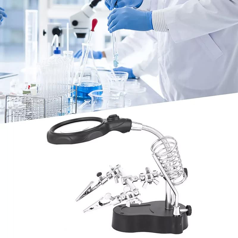 Adjustable Helping Hand with Magnifying Glass, LED Light Helping Hand Magnifier Glass Stand, Third Hand Solder Auxiliary Clamp for Home Appliance Carving