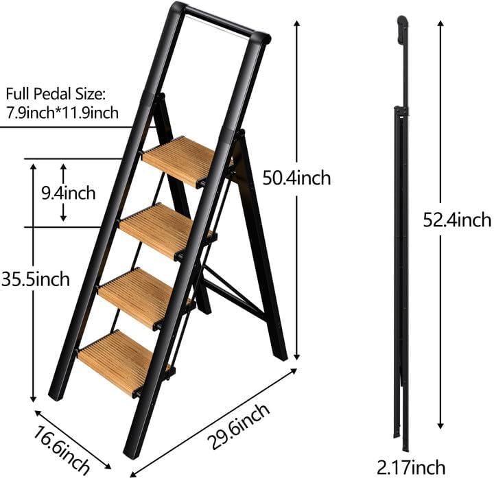 Image of SOLADDER 4 Step Ladder, Lightweight Folding Step Stool, Black+Woodgrain