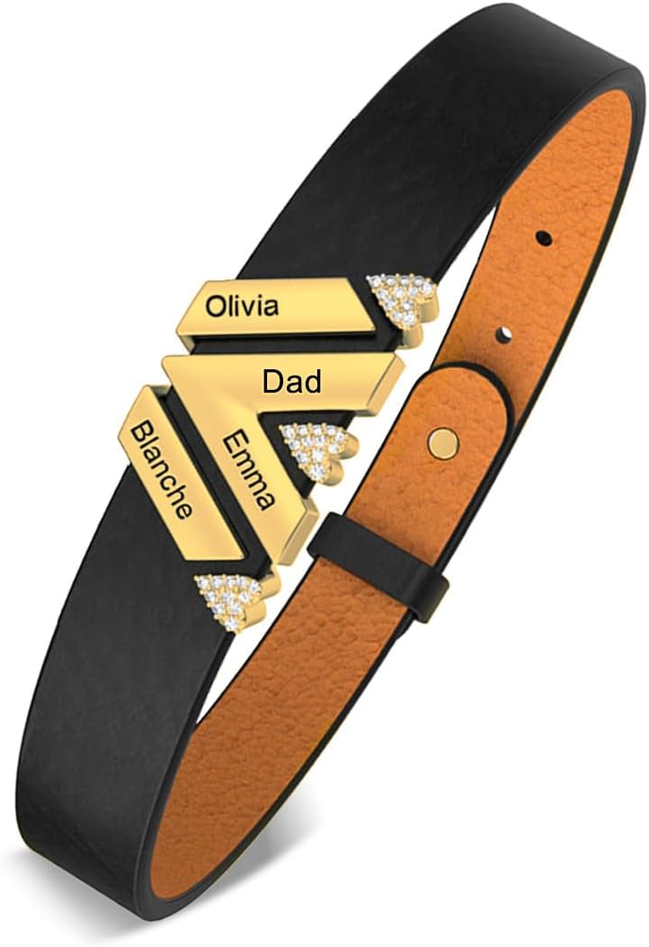 Personalized Bracelet for Men with 2-8 Names Engraved Family Name Beads Adjustable Leather Bracelet for Men Women Father Bracelet for Dad Grandpa Husband
