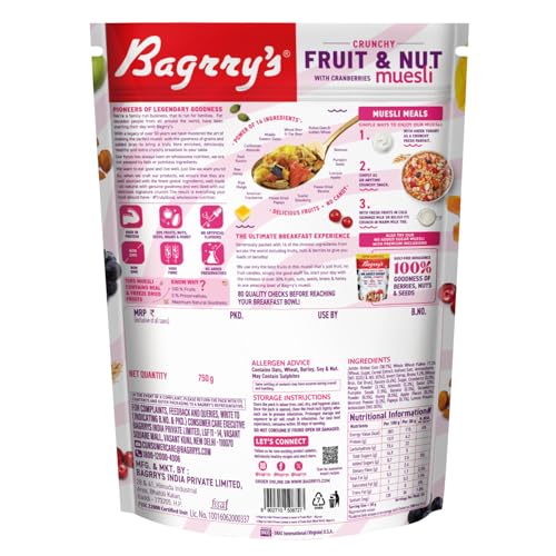 Image of Bagrry's Crunchy Fruit & Nut Muesli with 30% Real Fruits, Nuts & Seeds- 750G | 16 Real & Freeze Dried Fruits, Nuts, Seeds & Berries Muesli | No Candy | 38% High Fibre Oats, No Cornflakes | Fibre & Protein Rich Breakfast Cereal