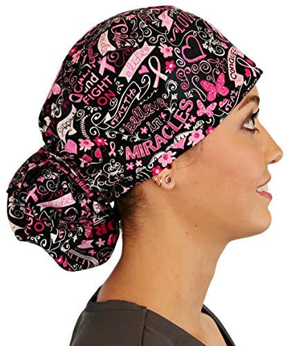 Sparkling Earth - Pink Ribbon Collage On Black - Unisex Big Hair Ponytail Surgical Scrub Style Working Caps - Made In The Usa! #TOP2