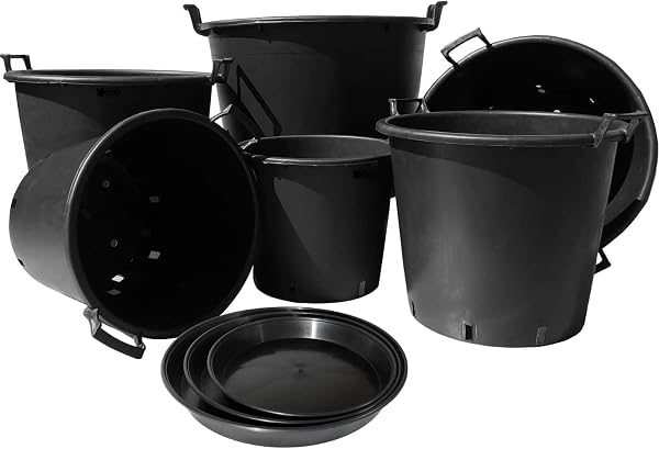 Elixir Gardens Large Plastic Recycled Plastic Plant Pot With Handles | 30, 35, 50, 75, 90, 110 & 130 L Sizes with Optional Saucers | Tree, Shrub & Garden Container/Feed Bucket | 50 Litre + Saucers x 2 - 1