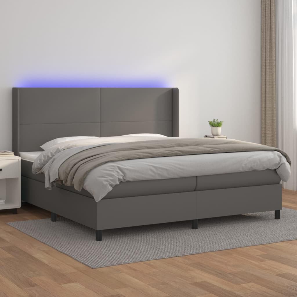 Ekoskóra LED Regulowany zagłówek Szary 200x200cm | Łóżko kontynentalne LED z materacem szara ekoskóra 200x200cm tapicerowane z zagłówkiem