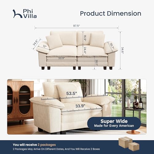 Image of PHI VILLA Cloud Modular Couches Sets, 87.5 inch Sectional Loveseat Sofa with Upholstered Deep Seat, 2-Seater Comfy Couches for Living Room Bedroom, Corduroy Fabric, Beige